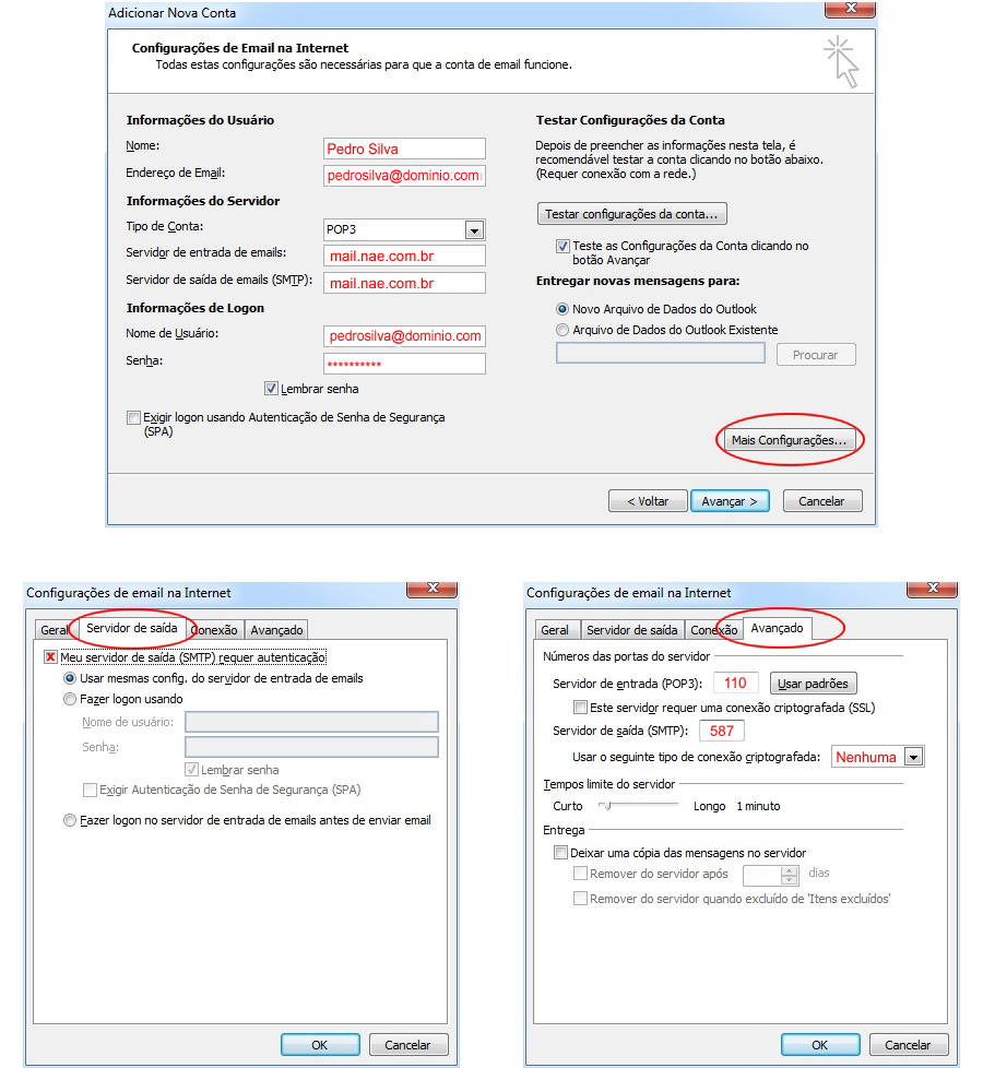 Configurações de email